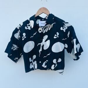 New Frame Cropped Silk Blend Twist Front Knot Top Black White Shirt Button XS